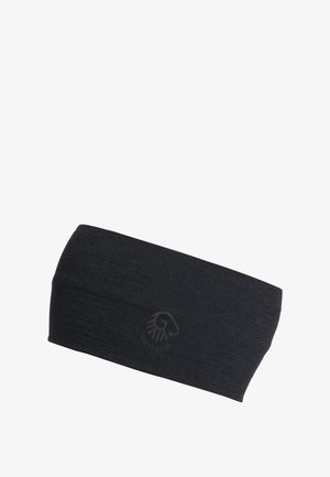 Schwarzes Haarband aus weichem, strukturiertem Material. Besitzt ein Logo-Detail an der Seite. Einfaches, rechteckiges Design mit glatter Oberfläche.