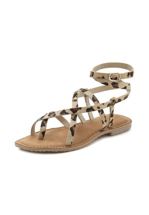 Leopardenmuster-Flatsandalen mit beigen Kunstwildlederriemen, Knöchelspange und weichem braunem Fußbett. Offene Zehen-Design mit strukturierter Sohle.