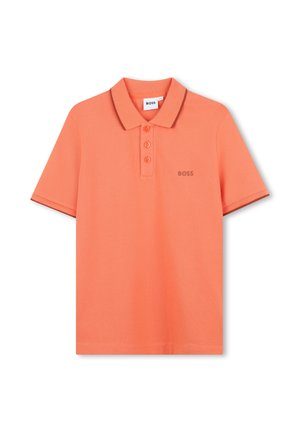 Polo arancione con colletto classico, pattina con tre bottoni e rifiniture marroni. Presenta un logo BOSS sottile dello stesso colore. Tessuto testurizzato.