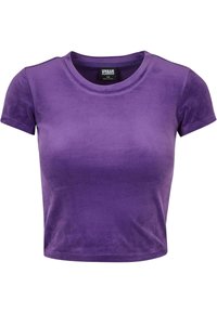 Paarse cropped t-shirt van zacht materiaal, met een ronde hals en korte mouwen. Soepele textuur zonder zichtbare patronen of accenten.