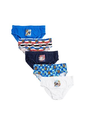 Fünf Paare Kinderunterwäsche: blau, gestreift mit Hundemuster, marineblau, blau mit Hundedrucken und weiß mit Cartoonfiguren.