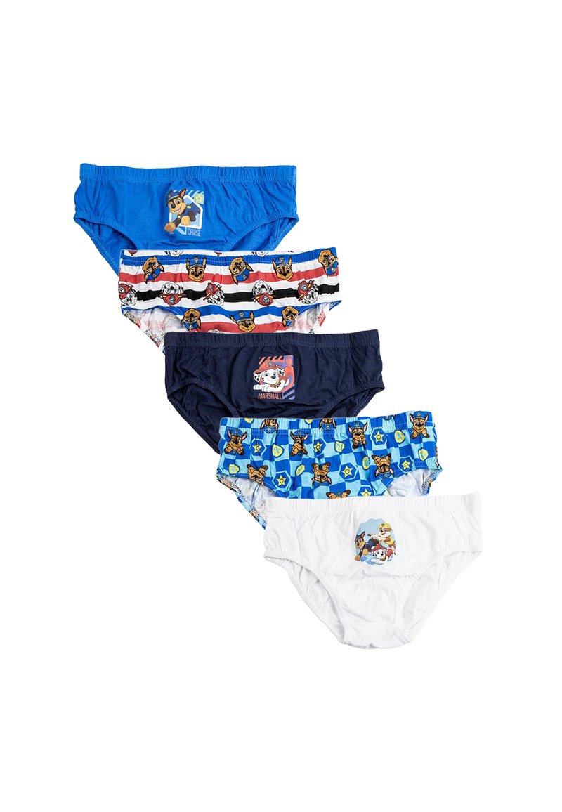 Cinque paia di mutandine per bambini: blu, a righe con motivi di cani, blu scuro, blu con stampe di cani e bianche con personaggi dei cartoni animati.