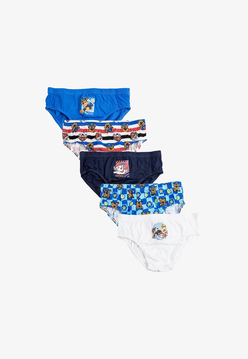 Cinque paia di mutandine per bambini: blu, a righe con motivi di cani, blu scuro, blu con stampe di cani e bianche con personaggi dei cartoni animati.