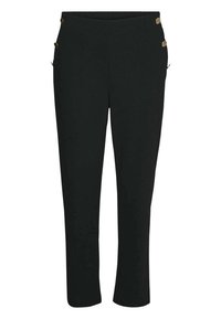 Pantalones negros con una textura suave, presentando acentos de botones en color dorado a los lados y un diseño ajustado que se estrecha en los tobillos.