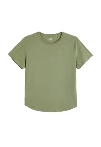 Olijfgroene T-shirt met korte mouwen, gemaakt van zachte, gladde stof; ronde halslijn en een gebogen zoom aan de onderkant. Maat XL.