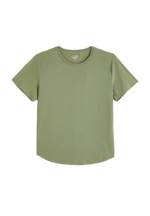 Oliven grøn kortærmet T-shirt lavet af blødt, glat stof; rund halsudskæring og en buet kant nederst. Størrelse XL.