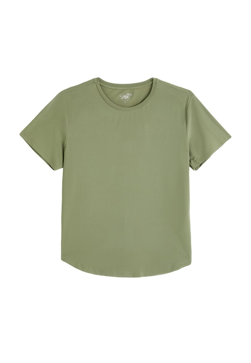 Olijfgroene T-shirt met korte mouwen, gemaakt van zachte, gladde stof; ronde halslijn en een gebogen zoom aan de onderkant. Maat XL.