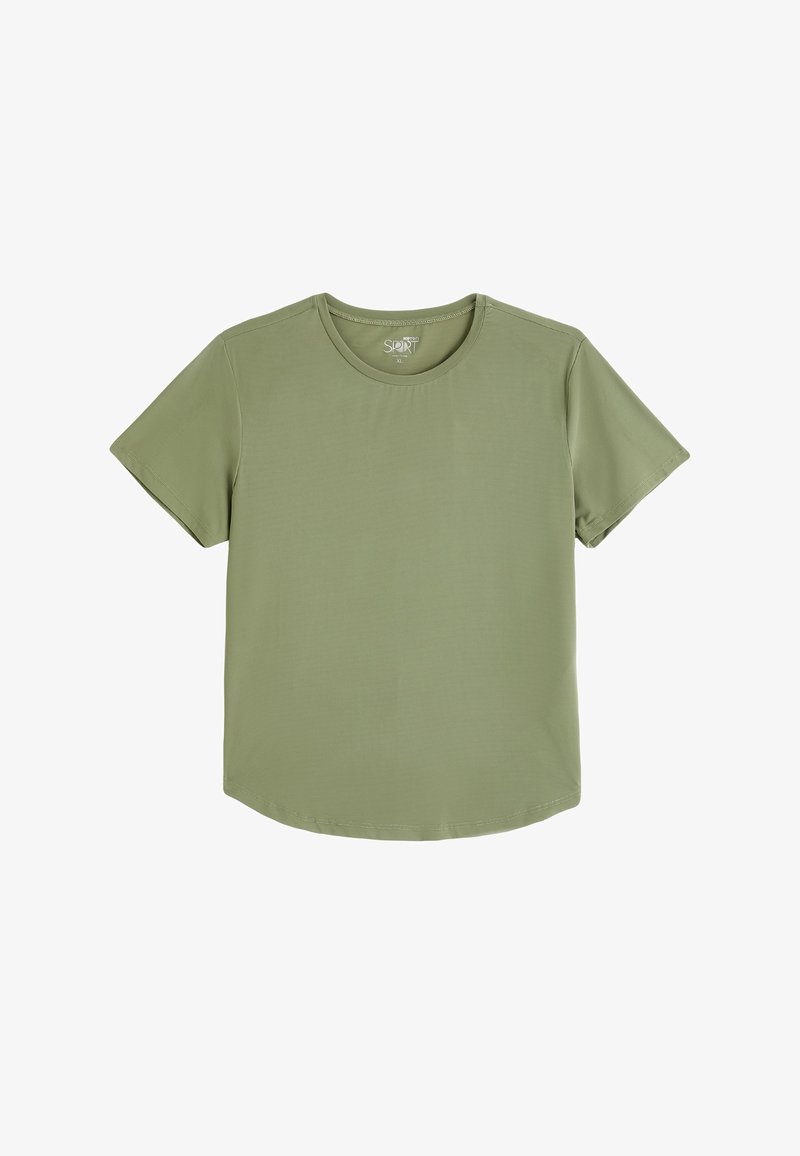 Olijfgroene T-shirt met korte mouwen, gemaakt van zachte, gladde stof; ronde halslijn en een gebogen zoom aan de onderkant. Maat XL.