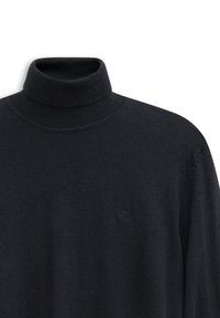 Dunkelmarineblauer Rollkragenpullover aus Strickstoff. Verfügt über einen gerippten Kragen und ein kleines Logo in der Nähe der Brust. Weiche Textur und taillierte Form.