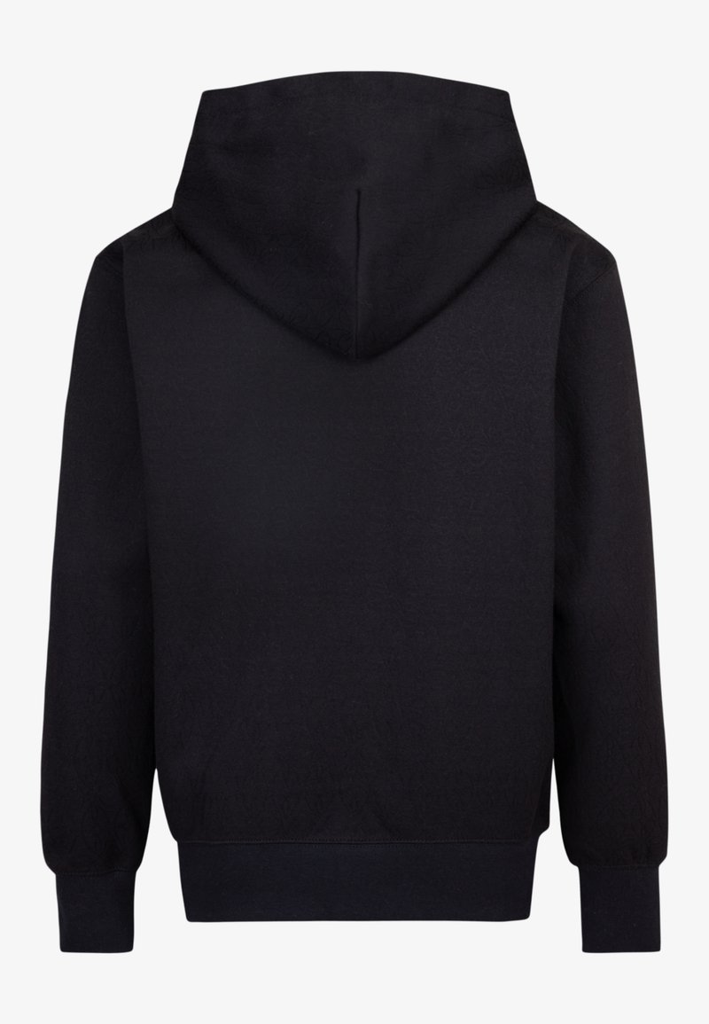 Haut à capuche noir avec un motif texturé, capuche à cordon de serrage, poignets et ourlet côtelés ; arbore une couleur unie sans marque visible.