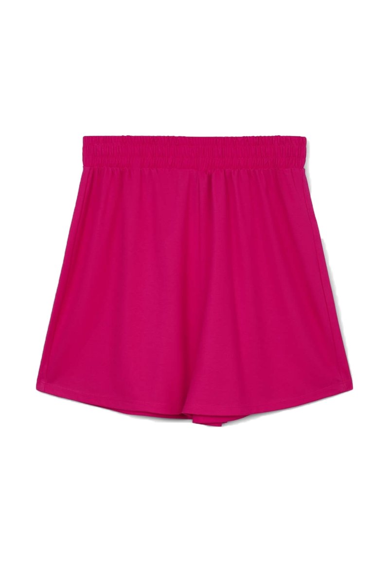 Pantaloni corti fucsia realizzati in tessuto morbido, con una cintura elastica e un design fluido con gamba larga. Senza motivi o decorazioni.