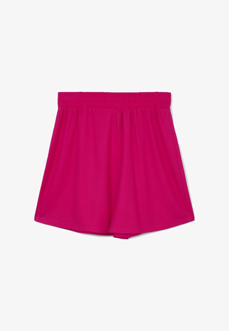 Pantaloni corti fucsia realizzati in tessuto morbido, con una cintura elastica e un design fluido con gamba larga. Senza motivi o decorazioni.