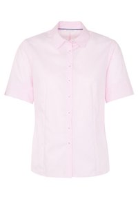 Chemisier rose clair pour femme, à manches courtes, avec col pointu et silhouette ajustée.