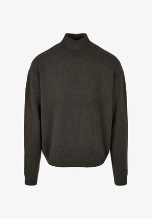 Barna kötött garbó pulóver laza szabással, bordázott mandzsettákkal és szegéllyel. Puha tapintású, minta vagy díszítés nélkül.