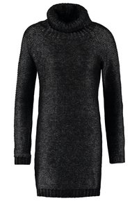 Robe pull noire à manches longues en maille, avec col roulé ample et poignets côtelés, présentée sur un fond blanc uni.