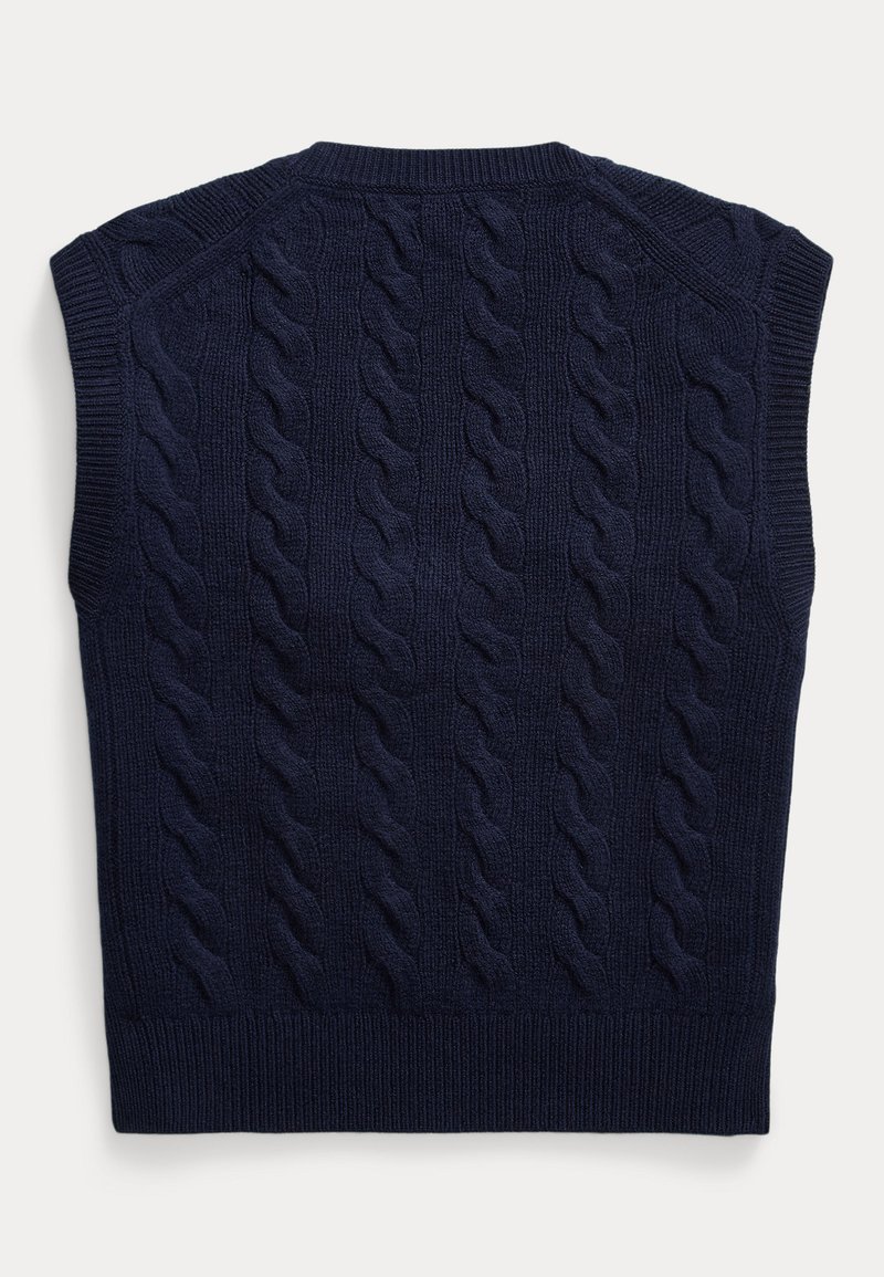 Gilet en tricot sans manches bleu marine avec motif torsadé et bordures côtelées, posé à plat sur un fond clair.