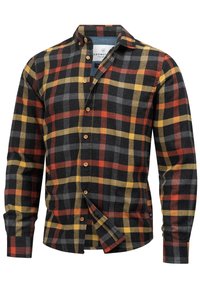 Chemise à manches longues avec boutons, motif à carreaux noir, rouge, jaune et gris et boutons couleur bois.