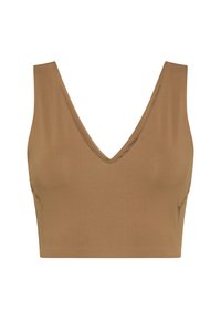 Ärmelloses, kurz geschnittenes Top in Hellbraun mit tiefem V-Ausschnitt und glattem Stoff, entworfen für eine figurbetonte Silhouette.