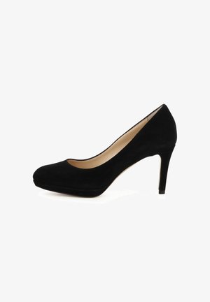 Black suede high-heeled pump with a rounded toe, smooth surface, and a sleek design. Features a narrow heel and a cushioned insole.