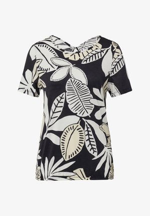 Koszulka krótki rękaw, dekolt w serek, w kolorze czarnym z białymi i beżowymi wzorami liści; lekki, miękki materiał; luźny krój z zaokrąglonym dołem.