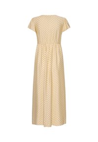 Robe midi jaune clair à manches courtes avec petit motif floral noir, taille froncée, vue de dos sur fond blanc.