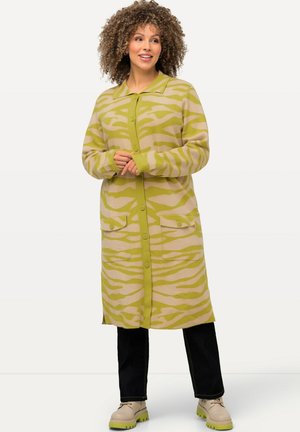 Langer, gestreifter Cardigan in Hellgrün und Beige. Mit Knopfverschluss, zwei Taschen und strukturiertem Stoff. Kombiniert mit schwarzen Hosen und hellen Schuhen.