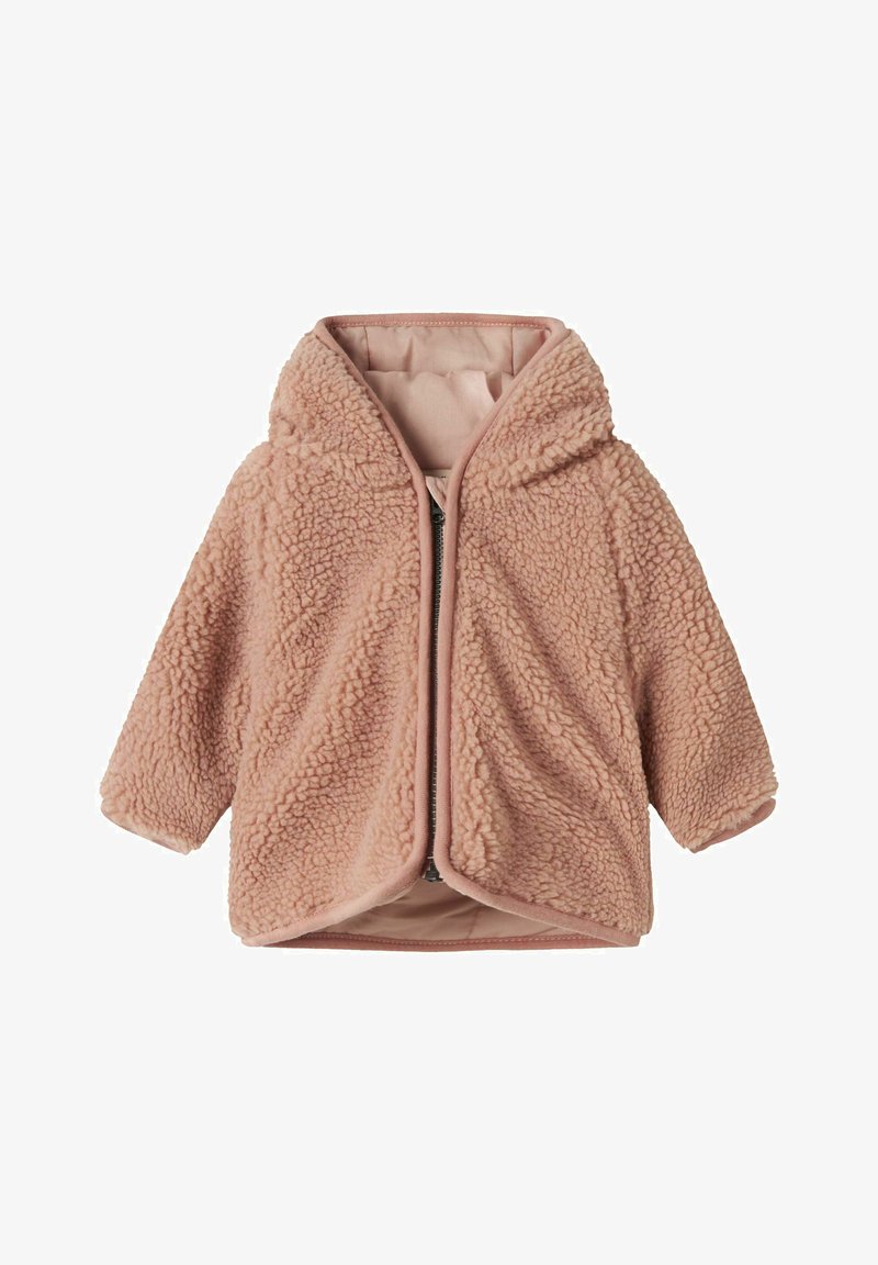 Pehmea roosa beebi jope kapuutsiga, karvane tekstuur ning esine tõmblukk.