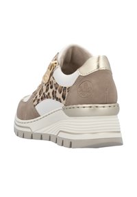 Beige and white sneaker with leopard print panel, gold accents, zipper detail, textured heel, and ridged sole. Soft suede material used.