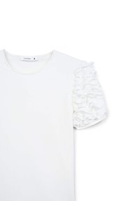 T-shirt bianco con tessuto arruffato sulle maniche corte, scollatura rotonda e una consistenza morbida; l'etichetta riporta "Terranova" con taglia "S."