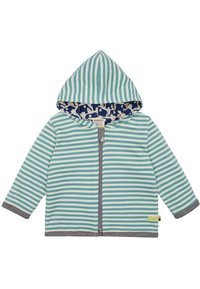Gestreifte Zip-Hoodie in Hellblau und Weiß, mit einem navyblauen Innenfutter mit Elefantenmuster und grauen Bündchen sowie Saumdetails.
