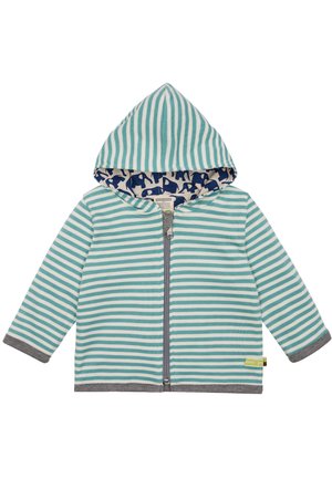 Gestreifte Zip-Hoodie in Hellblau und Weiß, mit einem navyblauen Innenfutter mit Elefantenmuster und grauen Bündchen sowie Saumdetails.