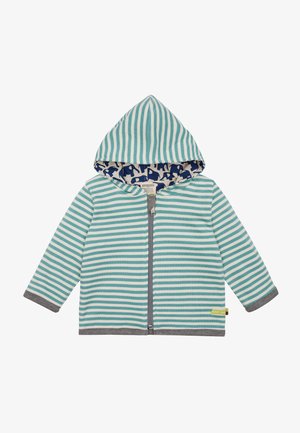 Gestreifte Zip-Hoodie in Hellblau und Weiß, mit einem navyblauen Innenfutter mit Elefantenmuster und grauen Bündchen sowie Saumdetails.