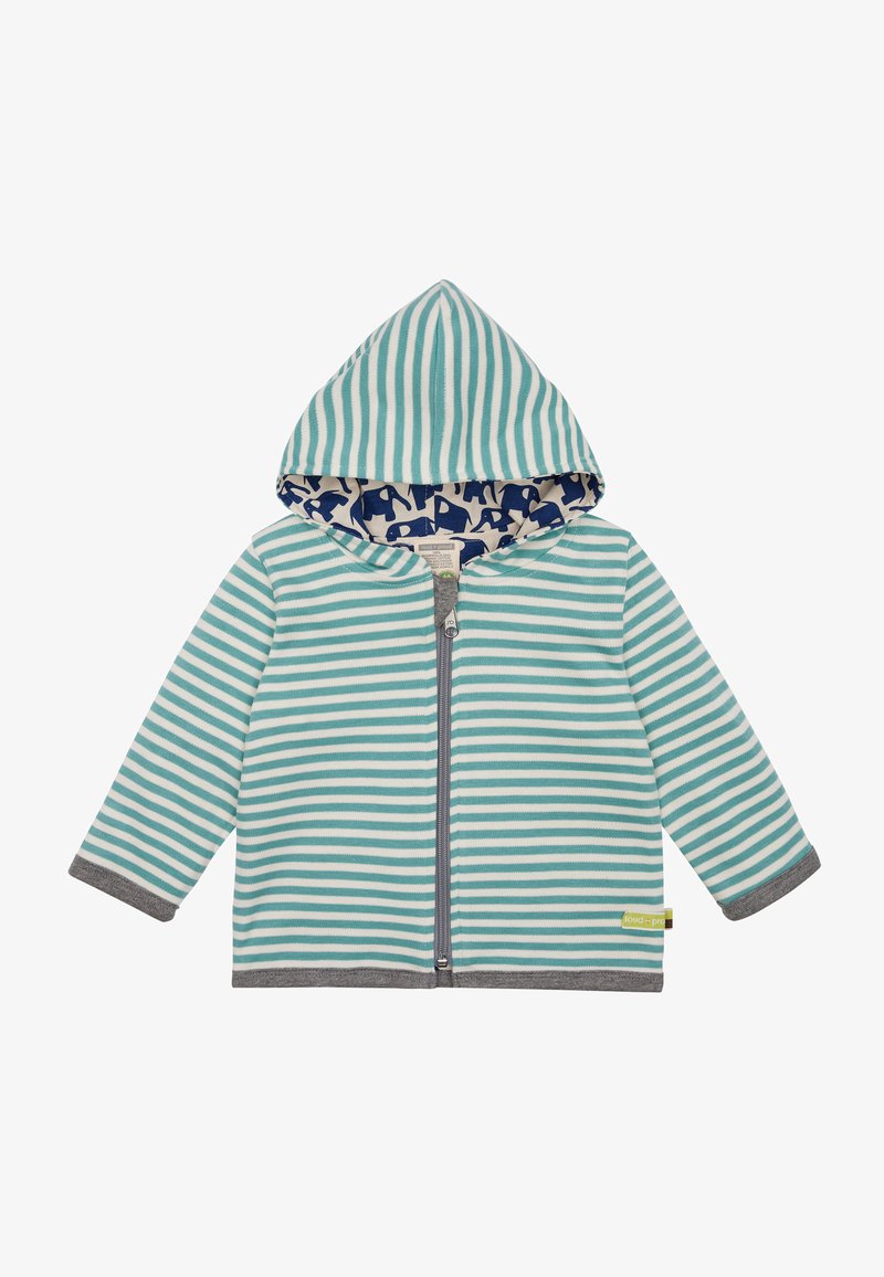 Gestreifte Zip-Hoodie in Hellblau und Weiß, mit einem navyblauen Innenfutter mit Elefantenmuster und grauen Bündchen sowie Saumdetails.