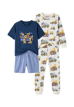 Two sets of children's pajamas: one navy shirt with "GOOD NIGHT!" and construction vehicles, paired with light blue shorts; one white long-sleeve with all-over vehicle print and matching pants.