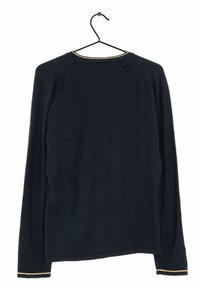 Navy long-sleeve shirt with a crew neckline, featuring gold trim on the collar and cuffs, made from a soft, textured fabric.