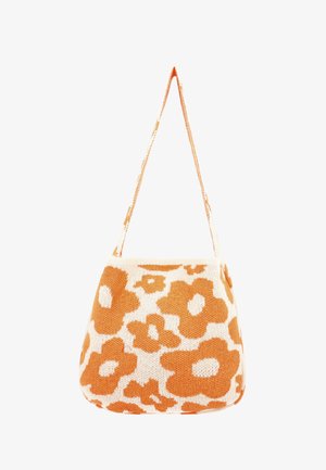 Dziana torba na ramię z abstrakcyjnym wzorem kwiatowym w odcieniach pomarańczowego na kremowym tle. Miękka tekstura z pojedynczym uchwytem.