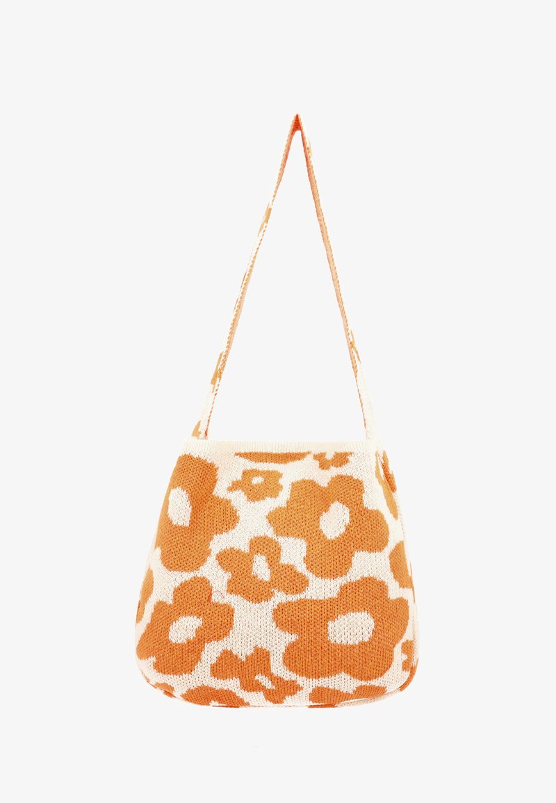 Borsa a spalla lavorata a maglia con un motivo floreale astratto arancione su fondo crema. Texture morbida con una sola tracolla.
