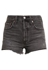Shorts de mezclilla negra de cintura alta, con dobladillo deshilachado, diseño de cinco bolsillos y cierre de botón de cobre. Fabricados en tejido de mezclilla ligero.