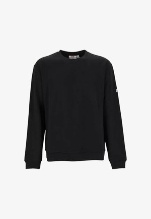 Sort langærmet crewneck-sweatshirt med ribkantede manchetter og et lille logoemblem på venstre ærme.