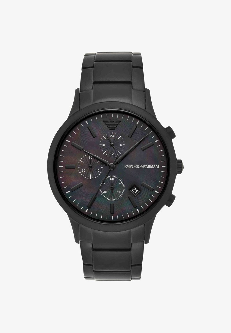 Reloj de pulsera Emporio Armani en acero inoxidable negro con tres subesferas, ventana de fecha a las 4 en punto y pulsera de eslabones metálicos.