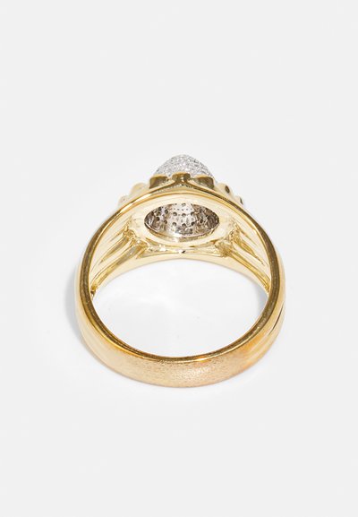 Gold ring with a polished band, featuring a cluster of small white stones at the top, smooth texture, and rounded shape. No visible engravings.