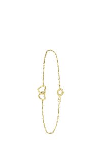 Goldene Kettenarmband mit zwei verflochtenen Herzformen als Mittelpunkt und einem Karabinerverschluss. Glatte, glänzende Oberfläche.