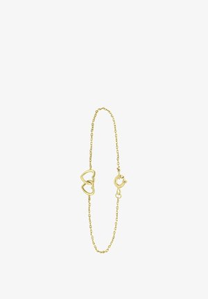 Bracelet en chaîne dorée avec deux cœurs entrelacés comme pièce maîtresse et un fermoir à mousqueton pour la fermeture. Fini lisse et brillant.