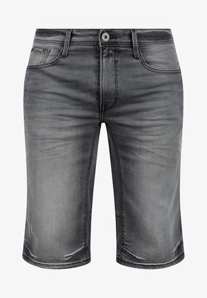 Shorts in denim grigio con lavaggio sbiadito, design a cinque tasche, chiusura a singolo bottone e dettagli di cucitura. Lunghezza a metà coscia.