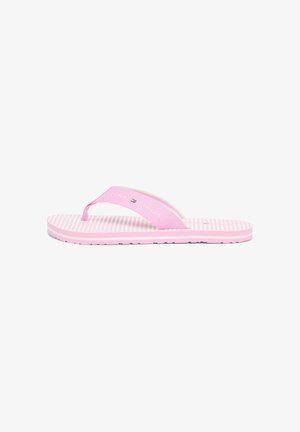 Roze-wit gestreepte teenslipper met een stoffen bandje voorzien van Tommy Hilfiger-merk en een rubberen zool.