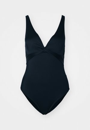 Black one-piece swimsuit featuring a V-neckline, twist detail at the bust, and smooth fabric with a sleek silhouette.