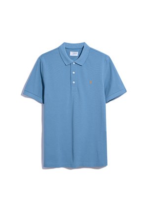 Lichtblauw polo-shirt met een kraag, korte mouwen, een knoopsluiting met drie knopen en een klein geborduurd logo op de linkerkant van de borst. Gewoven stof.