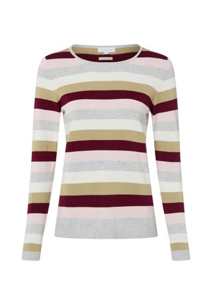 Gebreide trui met lange mouwen en horizontale strepen in bordeauxrood, beige, roze, grijs en wit, met een ronde halslijn.