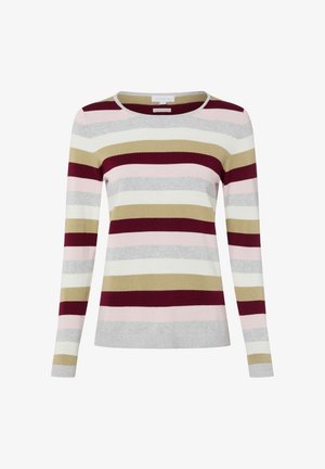 Langärmliger Strickpullover mit horizontalen Streifen in Burgunderrot, Beige, Pink, Grau und Weiß, mit rundem Ausschnitt.