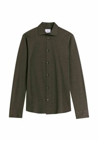 Chemise à manches longues en olive foncé, fabriquée en tissu doux, dotée d'un col classique, de boutons sur le devant et d'un ourlet droit.